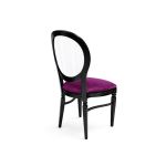 Black dining chair with oval clear backrest and black upholstered seat.