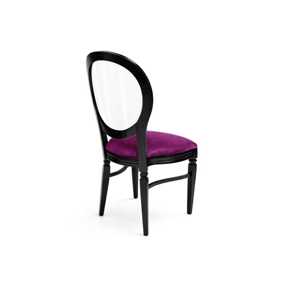 Black dining chair with oval clear backrest and black upholstered seat.