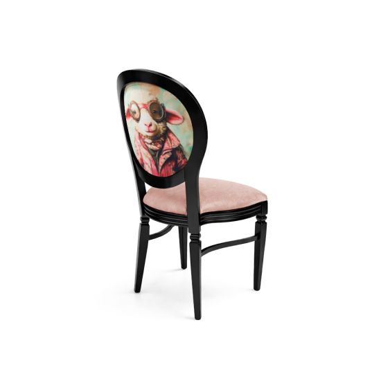 Black Chandelle chair featuring an oval floral back in red and green tones with a blush upholstered seat, elegant vintage-style banquet chair for weddings and formal events
