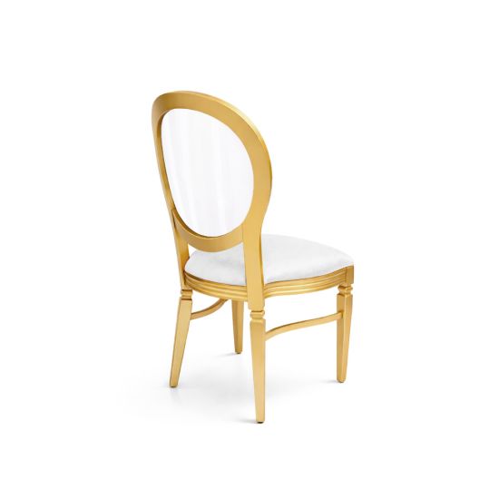 Gold Chandelle chair with oval clear upholstered back and light seat, elegant vintage-style banquet chair for weddings and formal events