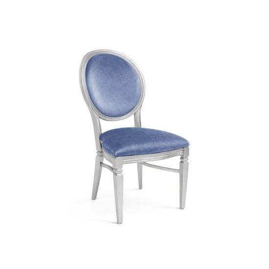 Silver Chandelle chair with oval floral back and blue upholstered seat, elegant vintage-style banquet chair for weddings and formal events