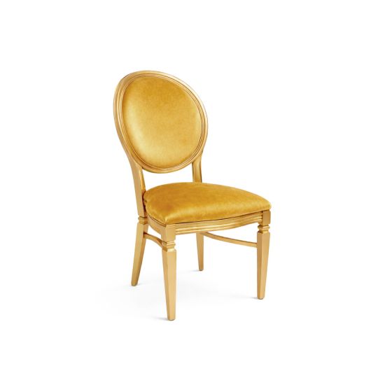 Gold Chandelle chair with oval upholstered back and gold seat, elegant vintage-style banquet chair for weddings and formal events