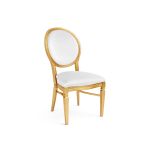 Gold Chandelle chair with oval clear back and light upholstered seat, elegant vintage-style banquet chair for weddings and formal events