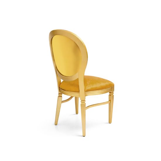 Gold Chandelle chair with oval upholstered back and gold seat, elegant vintage-style banquet chair for weddings and formal events