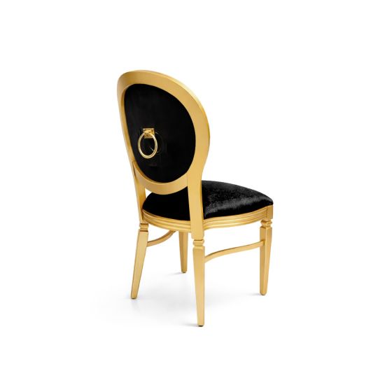 Gold Chandelle chair with oval back and black upholstery, elegant vintage-style banquet chair for weddings and formal events
