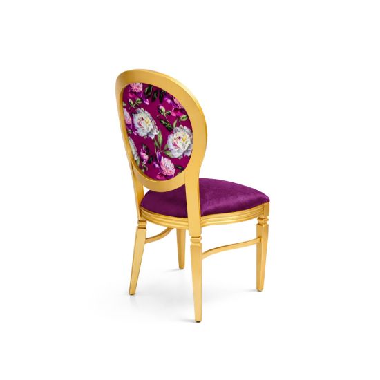 Gold Chandelle chair featuring an oval patterned back in pink and white tones with a magenta upholstered seat, elegant vintage-style banquet chair for weddings and formal events