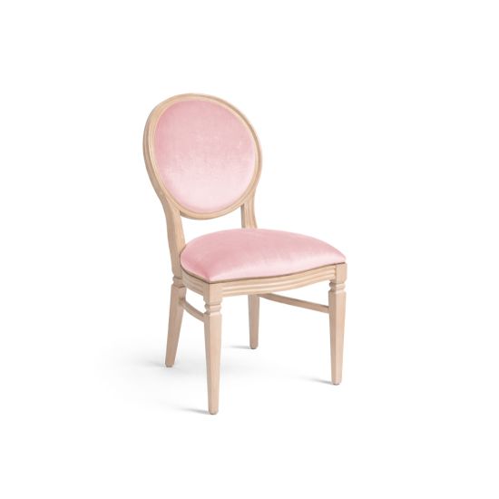 Natural Chandelle chair with oval floral back and blush upholstered seat, elegant vintage-style banquet chair for weddings and formal events