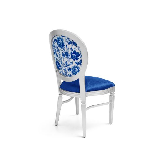Silver Chandelle chair with oval floral back in blue tones and blue upholstered seat, elegant vintage-style banquet chair for weddings and formal events