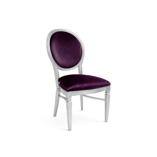 Silver Chandelle chair with oval floral back and purple upholstered seat, elegant vintage-style banquet chair for weddings and formal events