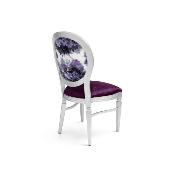 Silver Chandelle chair with oval floral back and purple upholstered seat, elegant vintage-style banquet chair for weddings and formal events