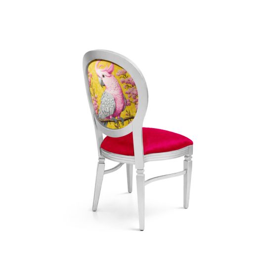 Silver Chandelle chair featuring an oval floral back in yellow and pink tones with a vibrant pink upholstered seat, elegant vintage-style banquet chair for weddings and formal events