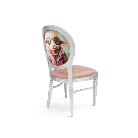 Silver Chandelle chair featuring an oval floral back in red and green tones with a blush upholstered seat, elegant vintage-style banquet chair for weddings and formal events
