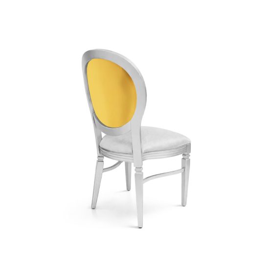Silver dining chair with gray upholstered seat and oval backrest featuring gold reflective panel for modern luxury event seating