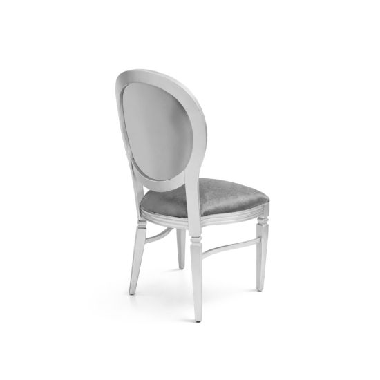 Silver Chandelle chair with oval upholstered back and silver seat, elegant vintage-style banquet chair for weddings and formal events