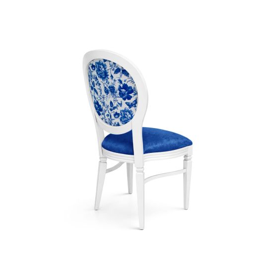 White Chandelle chair with oval floral back in blue tones and blue upholstered seat, elegant vintage-style banquet chair for weddings and formal events