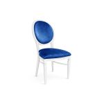 White Chandelle chair with oval floral back in blue tones and blue upholstered seat, elegant vintage-style banquet chair for weddings and formal events