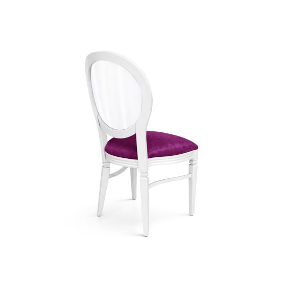 White Chandelle chair with oval clear back and purple upholstered seat, elegant vintage-style banquet chair for weddings and formal events