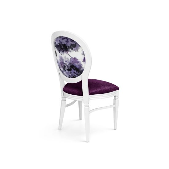 White dining chair with purple velvet seat and oval backrest featuring abstract eggplant watercolor design