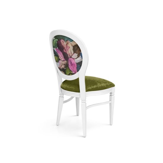 White dining chair with green velvet seat and oval backrest featuring abstract floral design for elegant wedding and event seating