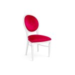 White Chandelle chair featuring an oval floral back in yellow and pink tones with a vibrant pink upholstered seat, elegant vintage-style banquet chair for weddings and formal events