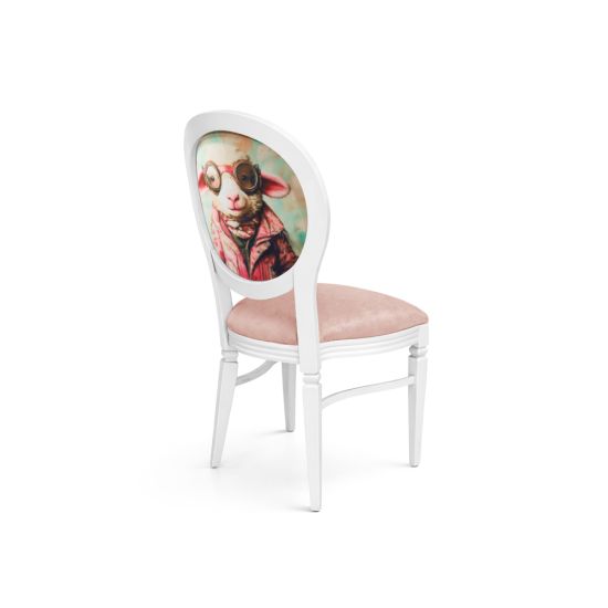 White Chandelle chair featuring an oval floral back in red and green tones with a blush upholstered seat, elegant vintage-style banquet chair for weddings and formal events