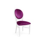 White Chandelle chair featuring an oval patterned back in red and green tones with a purple upholstered seat, elegant vintage-style banquet chair for weddings and formal events