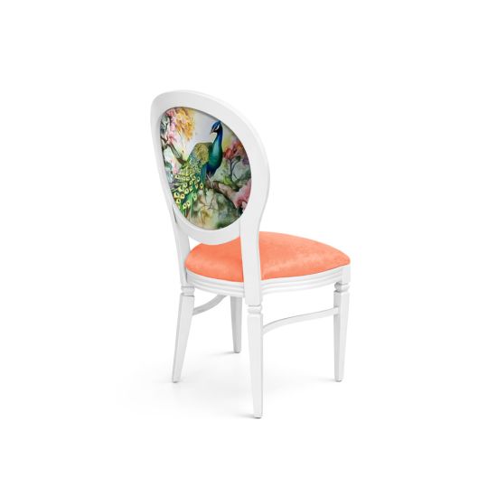 White dining chair with coral velvet seat and oval backrest featuring peacock and floral garden design