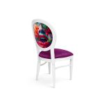 White Chandelle chair featuring an oval patterned back in red and green tones with a purple upholstered seat, elegant vintage-style banquet chair for weddings and formal events