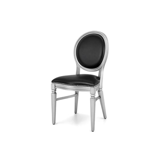 Silver wood Chandelle chair with an oval backrest and leather upholstery, elegant seating for weddings, gala dinners, corporate events, and luxury receptions.