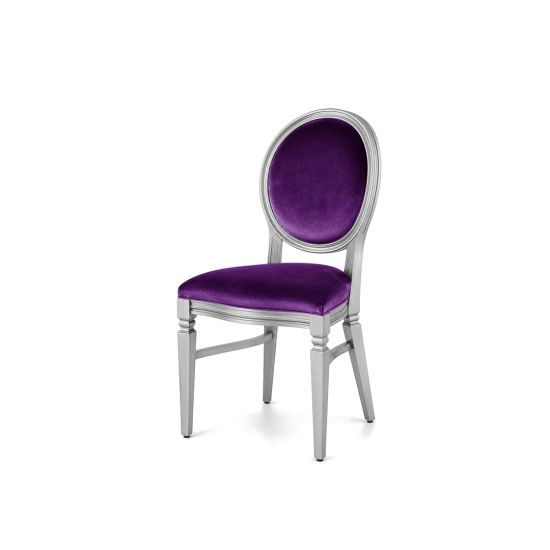 Silver wood Chandelle chair with an oval backrest and velvet upholstery, elegant seating for weddings, gala dinners, corporate events, and luxury receptions.