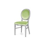 Silver wood Chandelle chair with an oval backrest and velvet upholstery, elegant seating for weddings, gala dinners, corporate events, and luxury receptions.