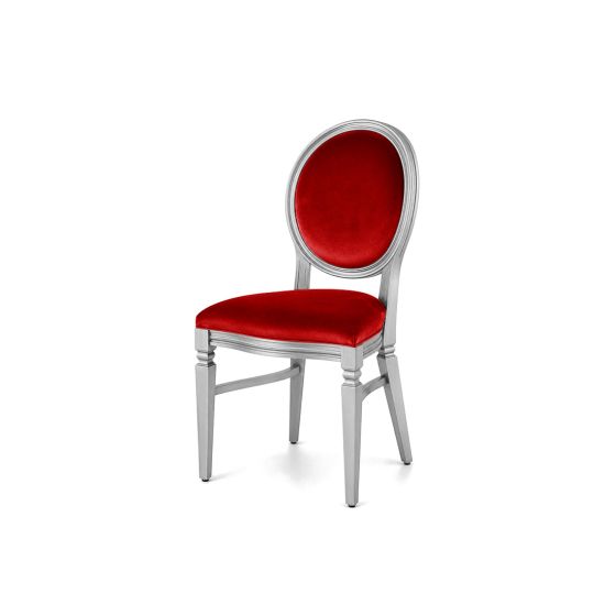 Silver wood Chandelle chair with an oval backrest and velvet upholstery, elegant seating for weddings, gala dinners, corporate events, and luxury receptions.