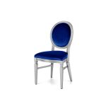 Silver wood Chandelle chair with an oval backrest and velvet upholstery, elegant seating for weddings, gala dinners, corporate events, and luxury receptions.