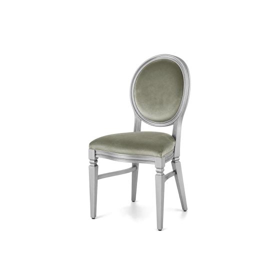 Silver wood Chandelle chair with an oval backrest and velvet upholstery, elegant seating for weddings, gala dinners, corporate events, and luxury receptions.