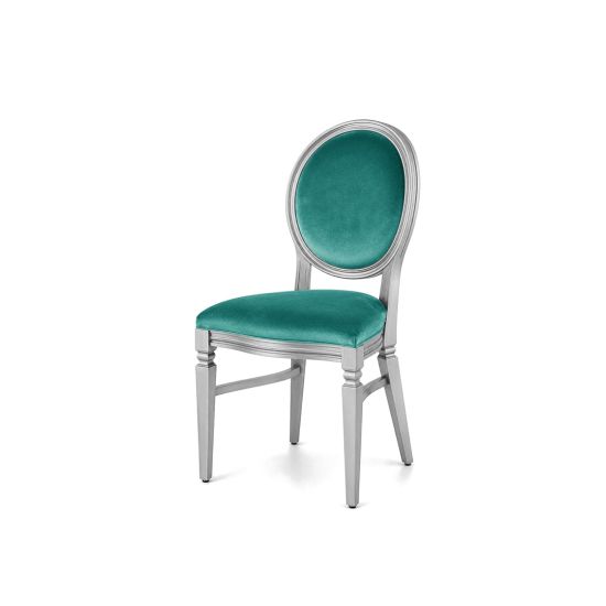 Silver wood Chandelle chair with an oval backrest and velvet upholstery, elegant seating for weddings, gala dinners, corporate events, and luxury receptions.