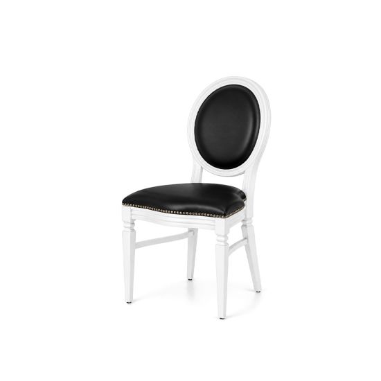 White wood Chandelle chair with an oval backrest and leather upholstery, elegant seating for weddings, gala dinners, corporate events, and luxury receptions.
