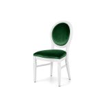 White wood Chandelle chair with an oval backrest and velvet upholstery, elegant seating for weddings, gala dinners, corporate events, and luxury receptions.