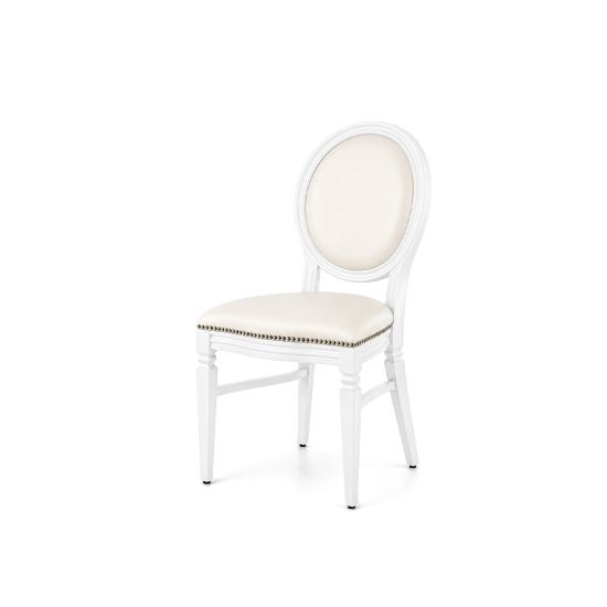 White wood Chandelle chair with an oval backrest and leather upholstery, elegant seating for weddings, gala dinners, corporate events, and luxury receptions.