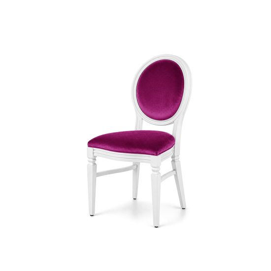 White wood Chandelle chair with an oval backrest and velvet upholstery, elegant seating for weddings, gala dinners, corporate events, and luxury receptions.