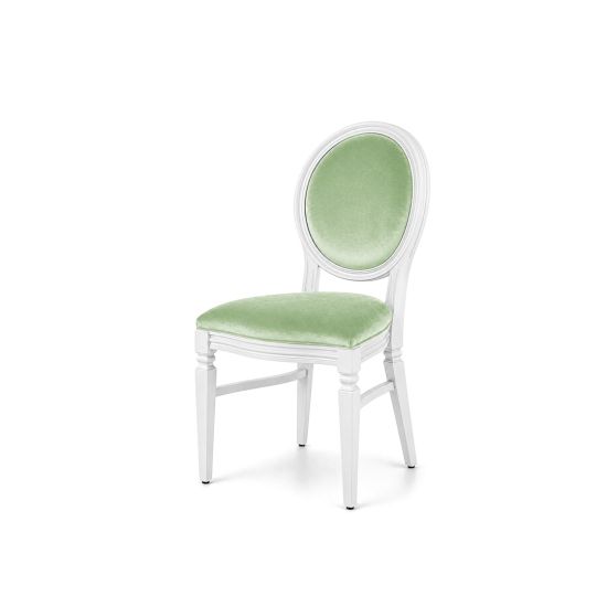 White wood Chandelle chair with an oval backrest and velvet upholstery, elegant seating for weddings, gala dinners, corporate events, and luxury receptions.