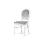 White wood Chandelle chair with an oval backrest and velvet upholstery, elegant seating for weddings, gala dinners, corporate events, and luxury receptions.