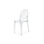 “Clear resin armless ghost chair with high oval backrest and transparent sleek frame, modern event guest seating”