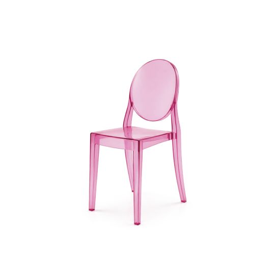 “Pink armless ghost resin chair with high oval backrest and transparent Pink-tinted frame, modern event seating”