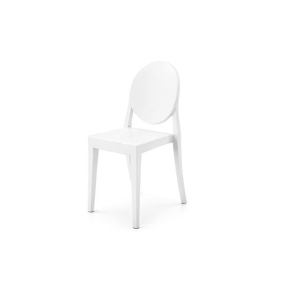 “White armless ghost resin chair with tall oval backrest and sleek seamless frame, modern event guest seating”