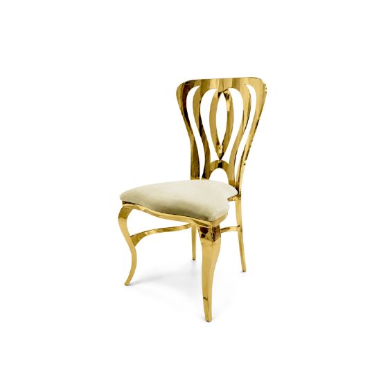 Ornate gold metal event chair with sculpted cutout backrest and Ivory upholstered seat cushion