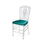 Clear resin Imperial Chair with Teal cushioned seat, high spindled backrest and transparent frame, modern elegant event seating