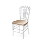 Clear resin Imperial Chair with Champagne cushioned seat, high spindled backrest and transparent frame, modern elegant event seating