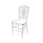 Clear resin Imperial Chair with White cushioned seat, high spindled backrest and transparent frame, modern elegant event seating