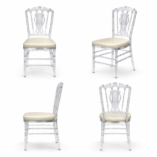 Clear resin Imperial Chair with Brick cushioned seat, high spindled backrest and transparent frame, modern elegant event seating