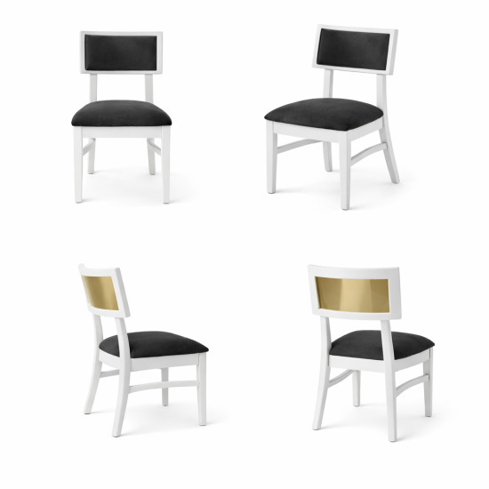 Milano white chair with gold mirrored backrest panel and solid white wood frame for elegant luxury event seating
